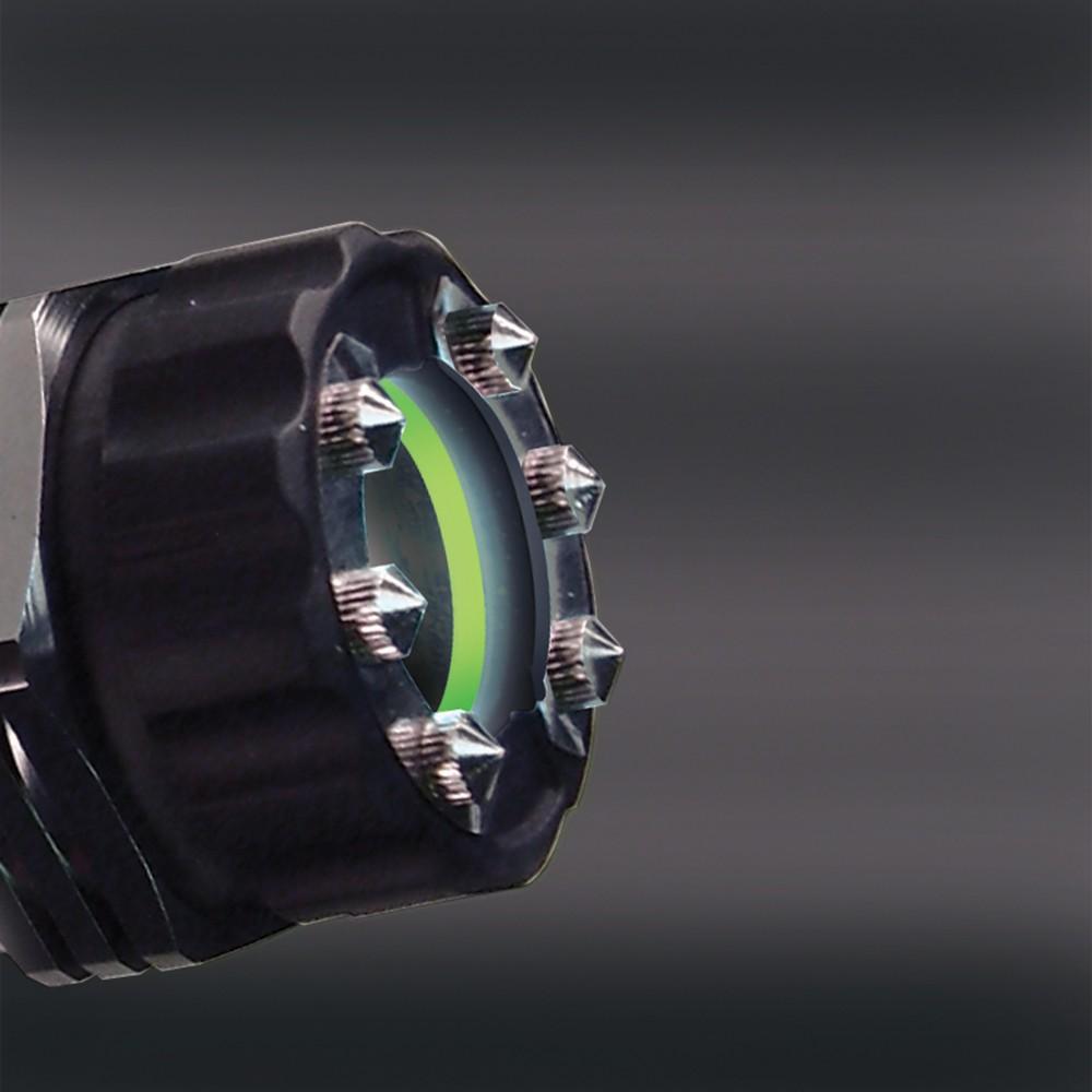 a closeup angle of the ZAP Light Rechargeable Stun Gun Flashlight, showing its metal prongs