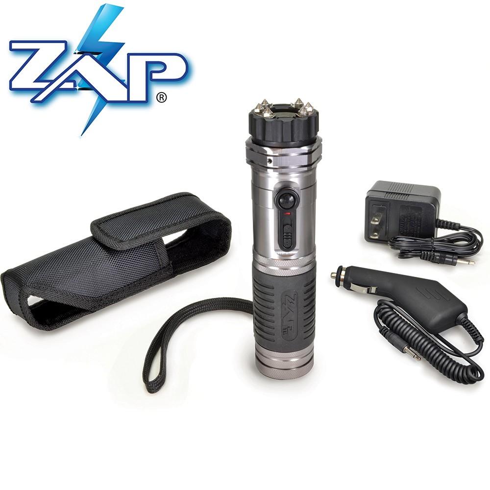 a group shot image of the ZAP Light Rechargeable Stun Gun Flashlight with its black holster, and plugs
