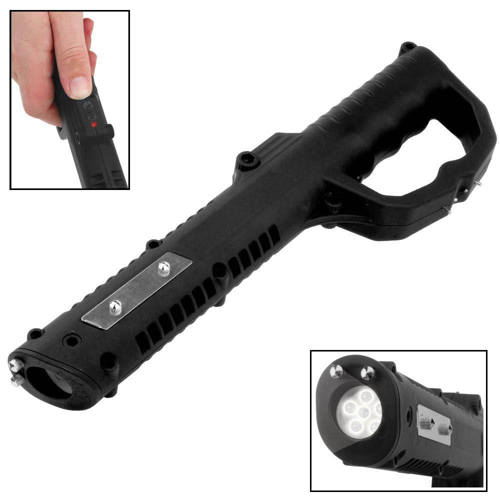a ZAP Rechargeable 4-Contact Point 11.5" Stun Baton with two photo closeups to highlight the features of the product