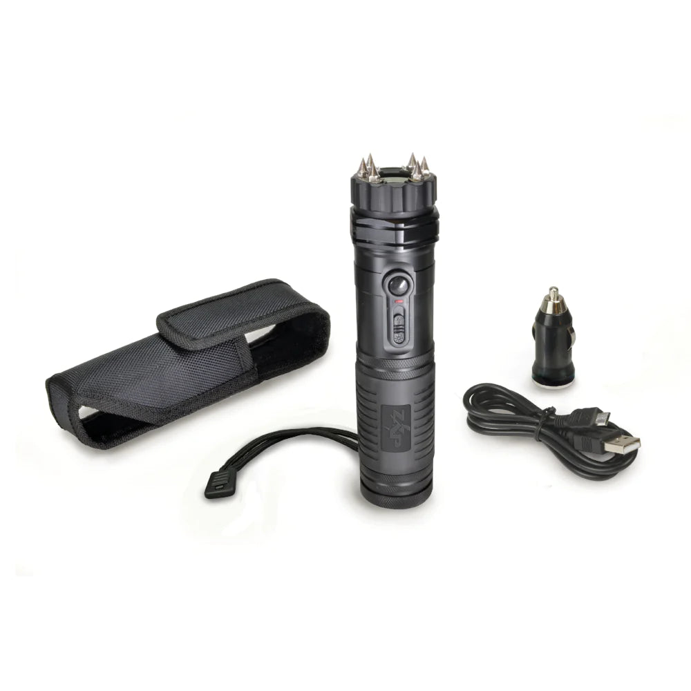 Complete set of ZAP Rechargeable Stun Gun Flashlight with nylon holster , charging cable and a car charger adapter