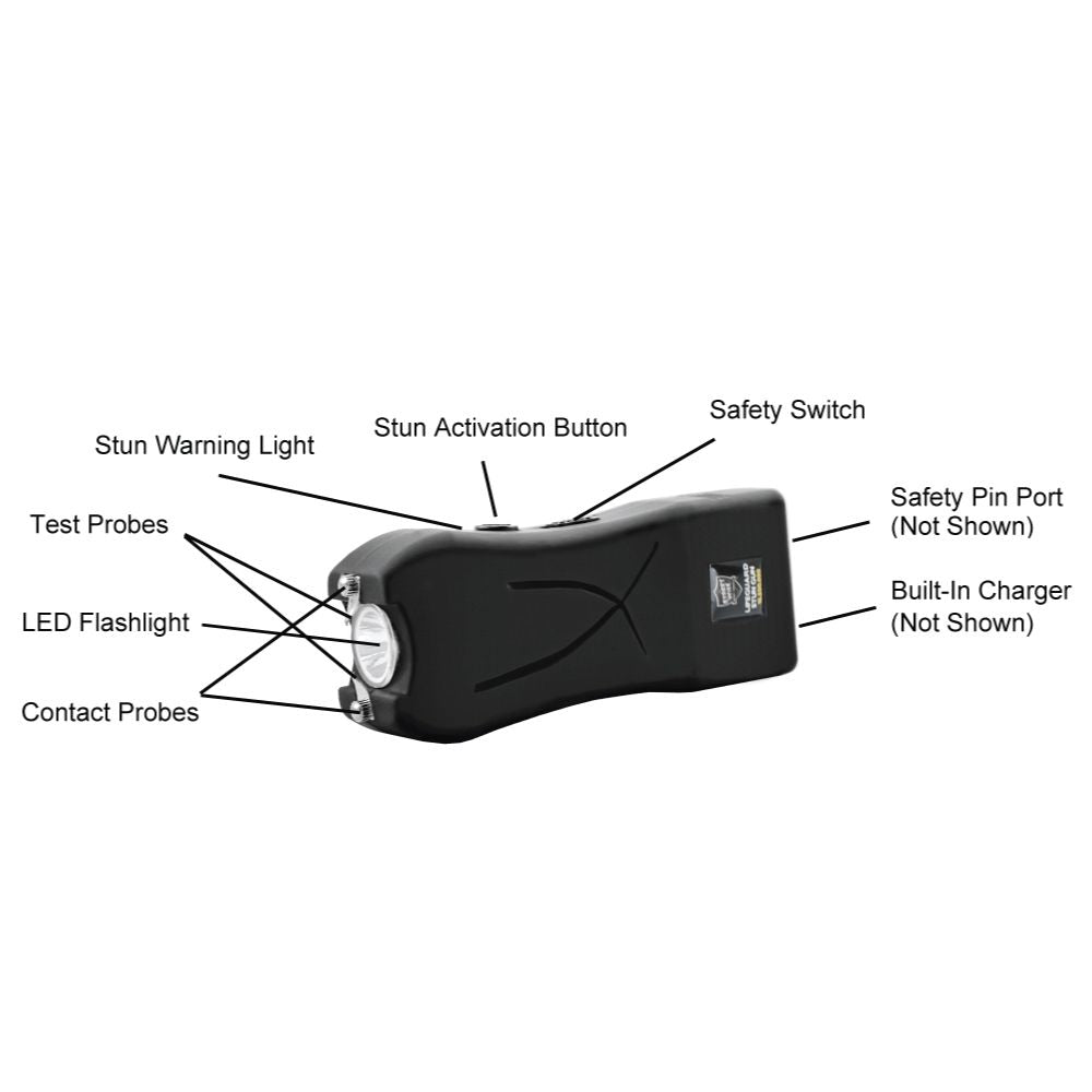Diagram labeling all key features of Streetwise Lifeguard Mini Rechargeable Stun Gun