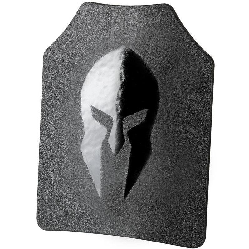 Black Spartan Omega Level III AR500 Body Armor plate with a molded image of a Spartan helmet