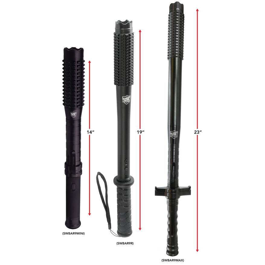 Three sizes of the Barbarian LED Stun Gun Baton with wrist strap from Streetwise 14 inches, 19 inches, and 23 inches long.