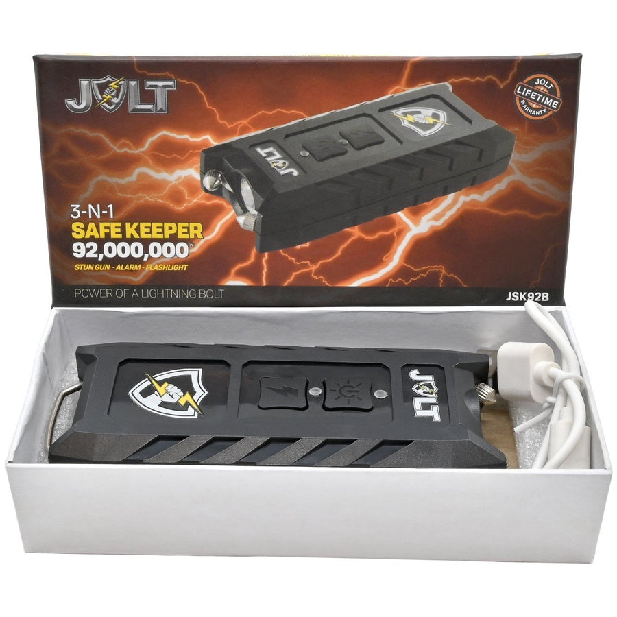 JOLT 3-N-1 SafeKeeper LED Personal Alarm Stun Gun 92M packaging