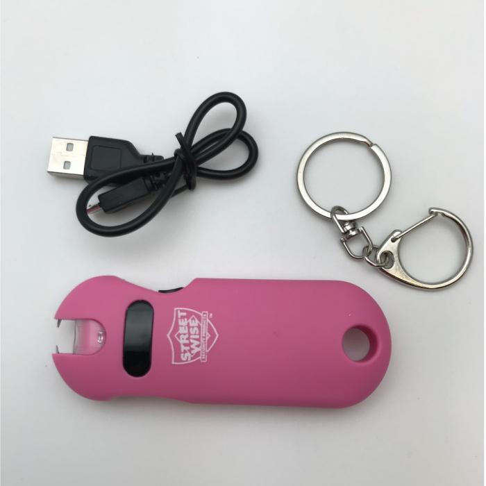 Pink Streetwise Stun gun with Flashlight with charging cable and keyring