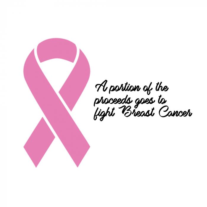 A pink awareness ribbon and text stating 'A portion of the proceeds goes to fight Breast Cancer