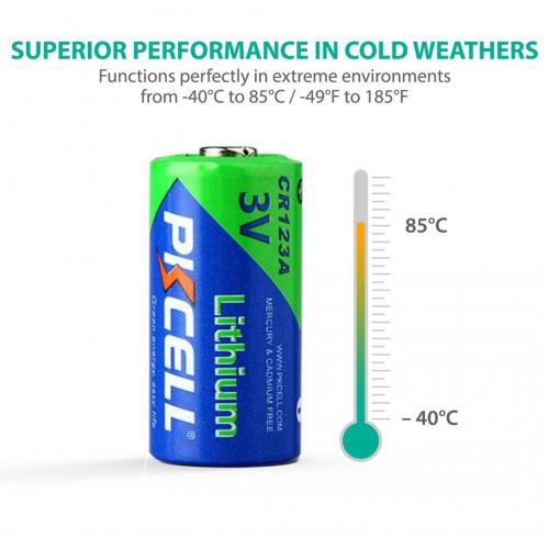Graphic showing extreme temperature range performance: -40°C to 85°C of PKCELL 3V Hi-Energy Lithium CR123A Battery