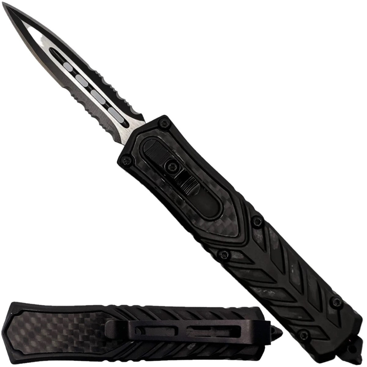 A black 2.75" Automatic OTF Double Edge Knife shown in both open and retracted state