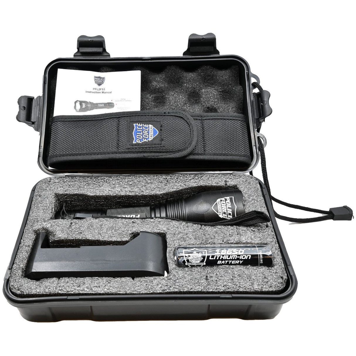 Opened case of complete set of 6 inch Police Force Tactical L2 LED Flashlight