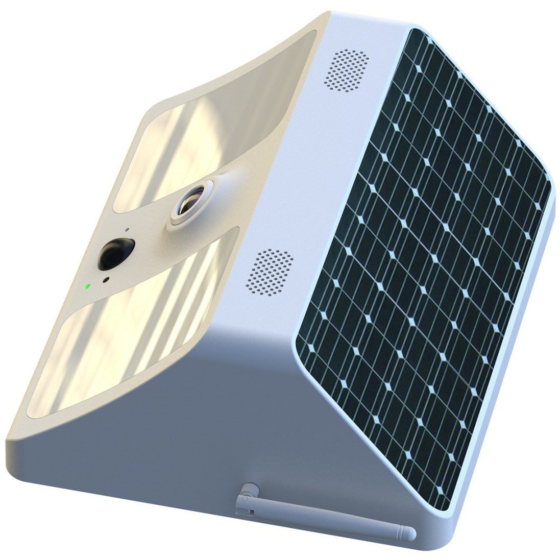 Side view of White Solar-powered Home Night Vision Floodlight Security Camera