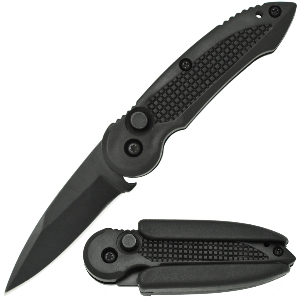 Black Spring Assisted Stainless Steel EDC Folding Pocket Knife shown open and in its plastic holster