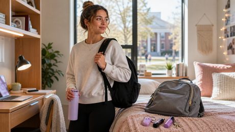 College student preparing for class with safety tools, backpack, and keys in a dorm room. 