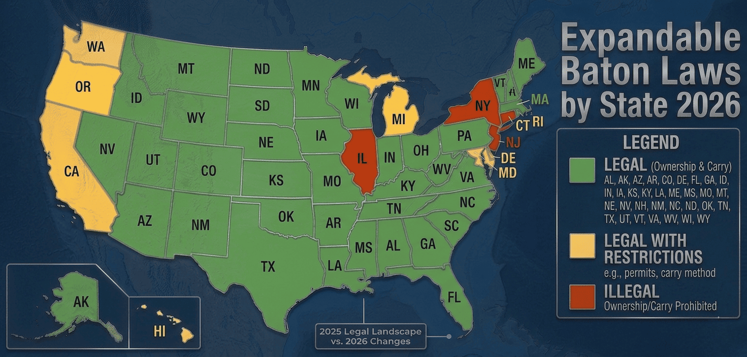 Expandable baton legality by state map showing where batons are legal, restricted, or illegal in the United States
