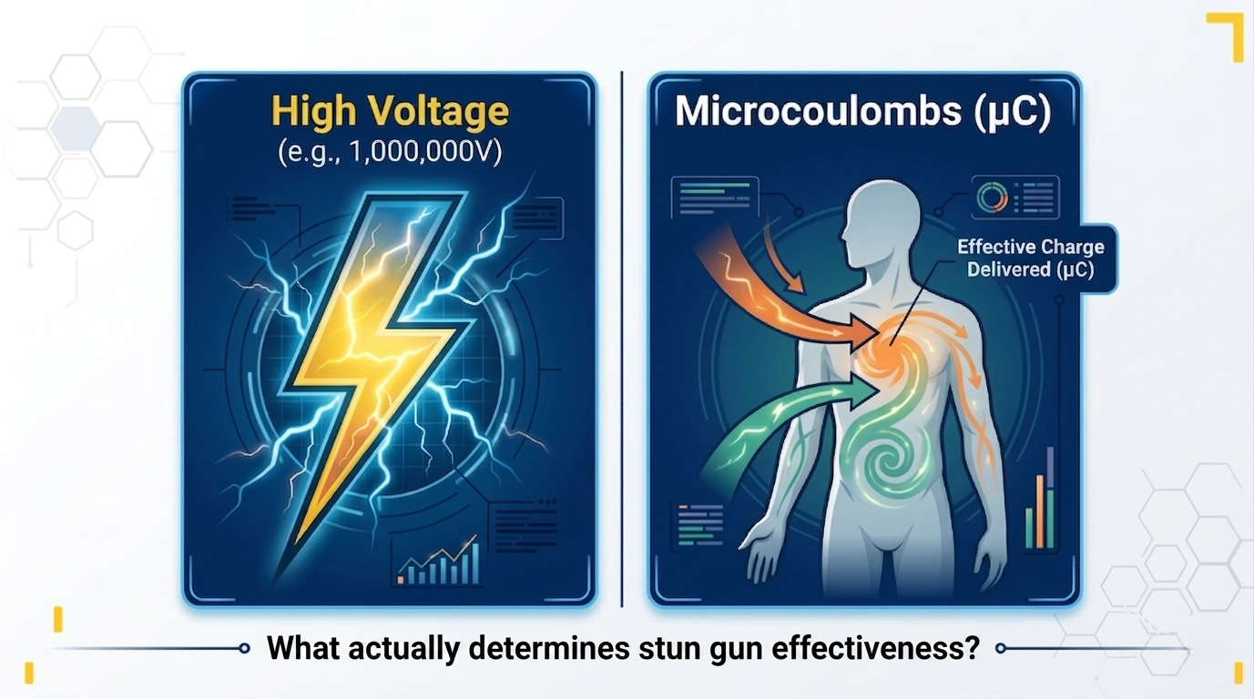 Infographic comparing stun gun effectiveness, highlighting voltage vs microcoulombs and showing that delivered charge determines effectiveness.