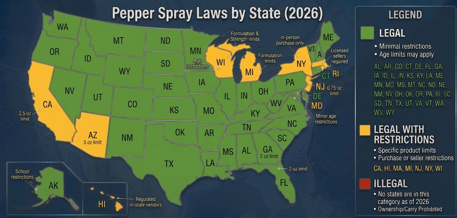 Pepper spray laws by state map showing legal, restricted, and regulated states across the United States in 2026