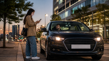Rideshare rider checking the car before getting in 
