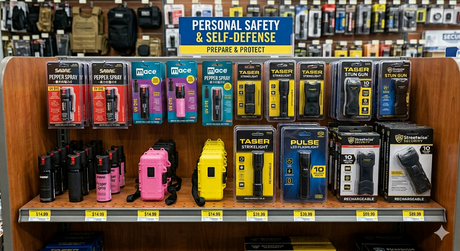 Retail shelf displaying pepper spray, stun guns, and personal safety devices in a self-defense section.