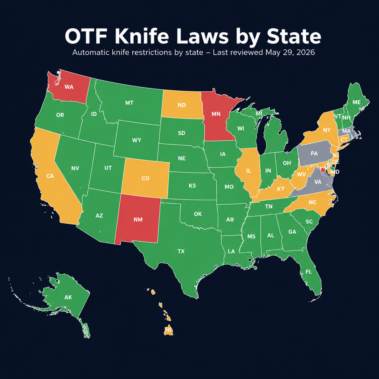 OTF knife laws by state map showing legal restricted and prohibited states in 2026 