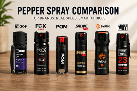 Pepper spray brand comparison with Mace, Fox Labs, POM, SABRE, Byrna, and Streetwise products