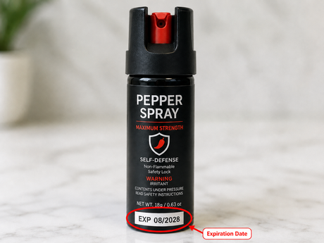Pepper spray canister with expiration date highlighted on the label 