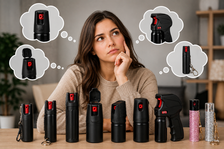 Woman comparing different pepper spray top styles for personal safety
