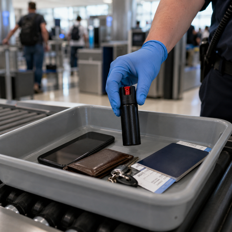 TSA agent placing pepper spray in an airport security tray with passport, boarding pass, wallet, and keys 
