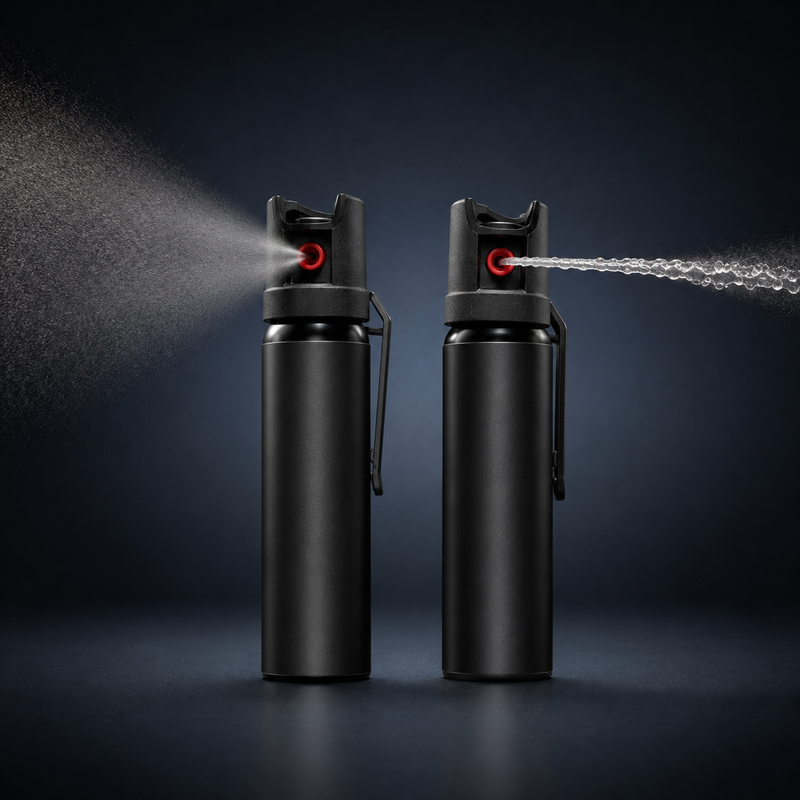 Pepper spray and pepper gel canisters side by side, showing mist spray versus controlled gel stream 