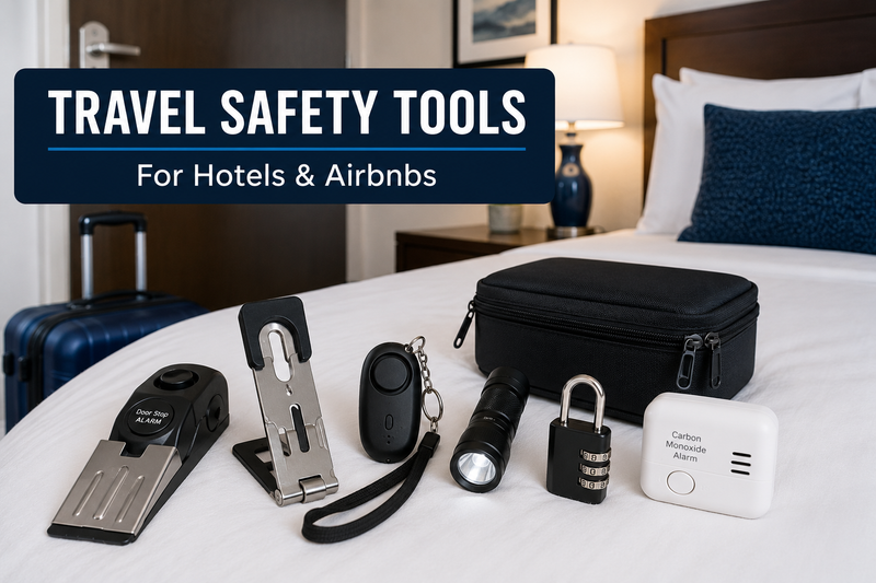 Travel safety tools for hotels and Airbnbs arranged on a hotel bed, including a door stop alarm, portable lock, personal alarm, flashlight, luggage lock, and carbon monoxide detector 