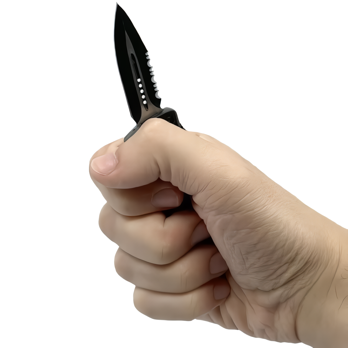 A hand holding a 1.75" Armed Force Tactical Mini Automatic OTF Half Serrated Dagger Knife 
