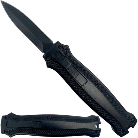 1.9" Black ElitEdge Mini Automatic OTF Keyring Pocket Knife shown in both folded and open state