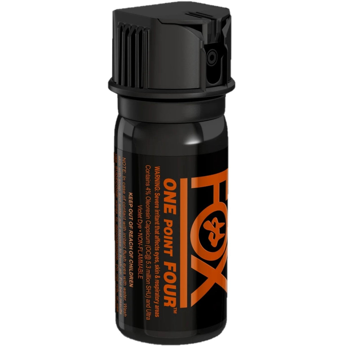 Side view of a black 2 oz Fox Labs One Point Four Police Pepper Spray