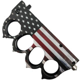 A folded 3.5" ElitEdge American Flag Knuckle Duster Trench Knife w/ Glassbreaker
