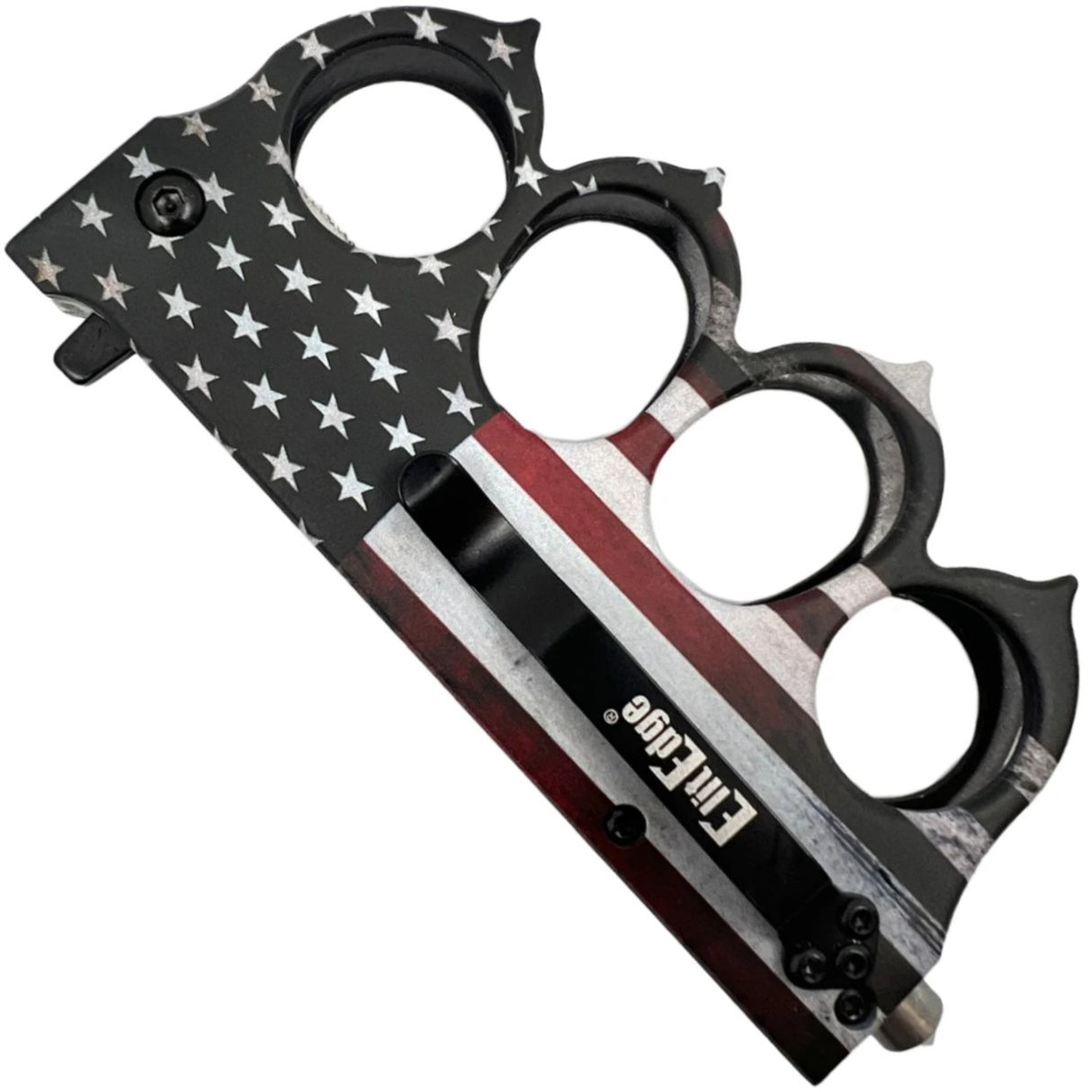 A sideview of folded 3.5" ElitEdge American Flag Knuckle Duster Trench Knife w/ Glassbreaker showing the handle