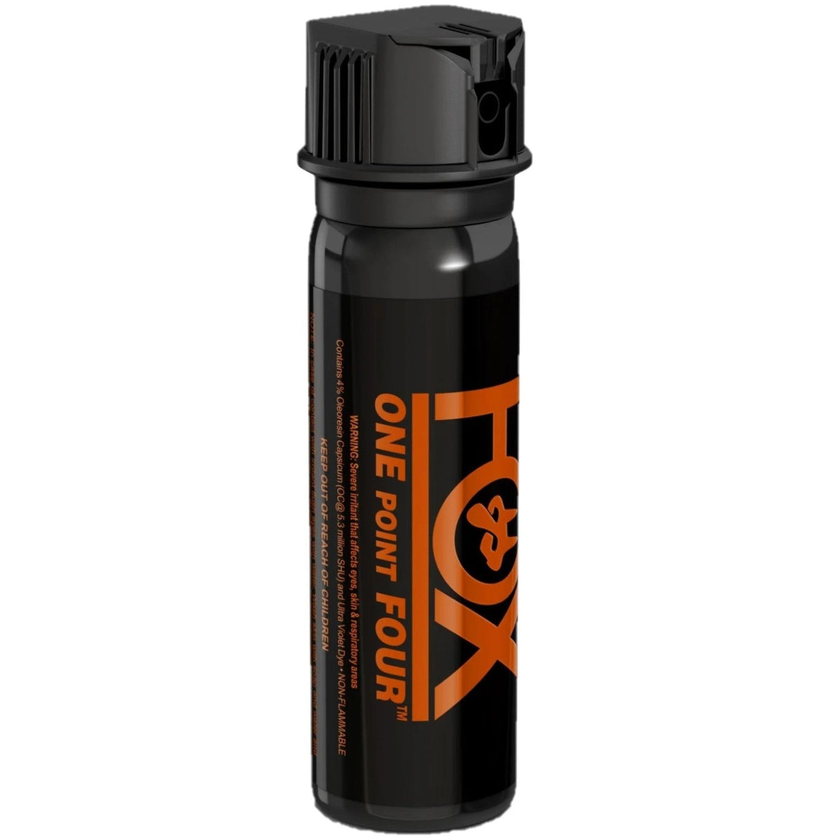 Side view of a black 4 oz Fox Labs One Point Four Police Pepper Spray