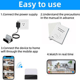 Four-step guide for the SpyWfi USB-C Phone Charger Hidden Camera setup: plug in, read manual, connect to Wi-Fi, and view live video on a smartphone