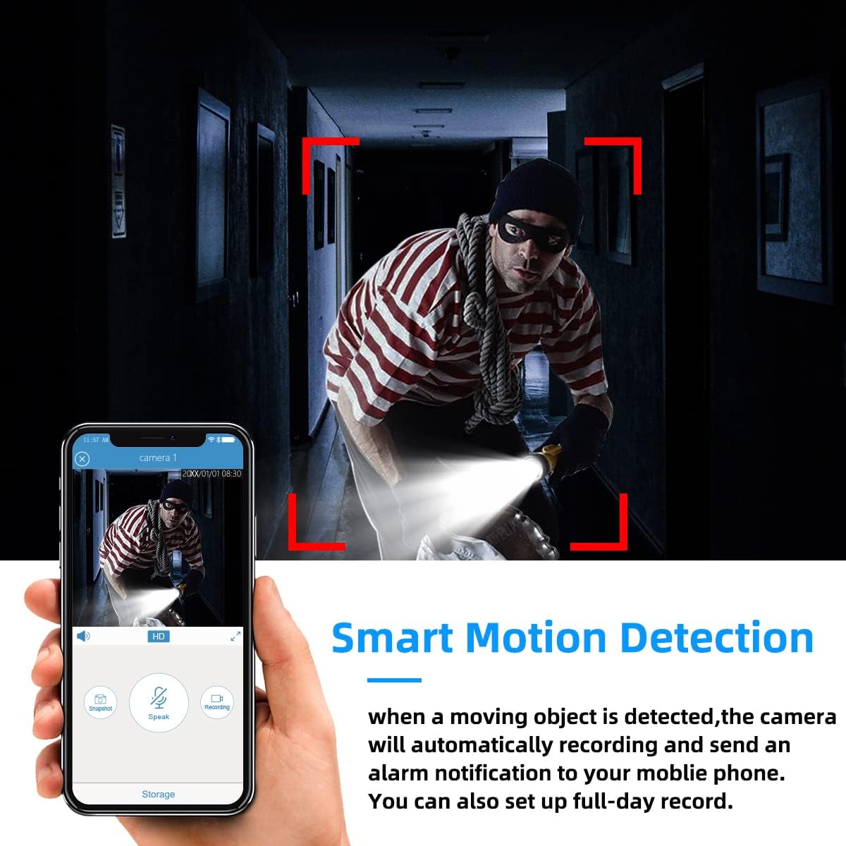 Photo showing a burglar in a dark hallway, with a smartphone displaying the SpyWfi USB-C Phone Charger Hidden Camera motion detection alarm and live feed