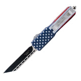 Automatic OTF knife with American flag handle and a belt clip.