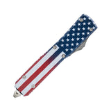 Close OTF knife with American flag handle.