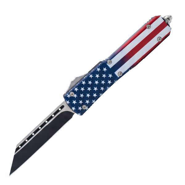 Armed force tactical OTF knife with American flag handle on a white background.