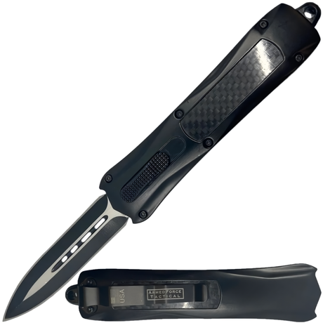 A black 3.25" Armed Force Tactical OTF Dagger Knife, shown both open and closed featuring the blade and its metal clip