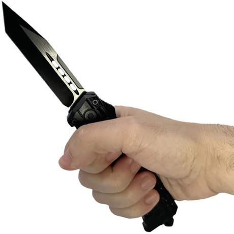 A hand holding an open black Armed Force Tactical Automatic OTF Tanto Knife