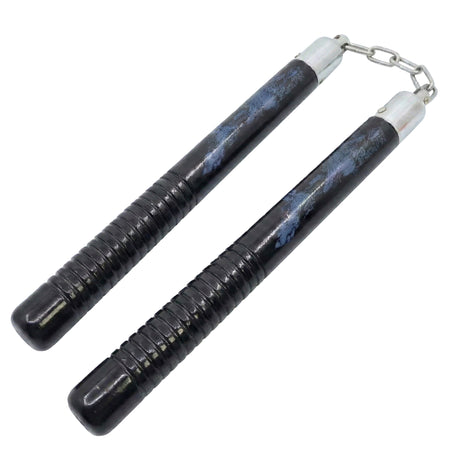 Pair of black nunchaku with silver tips on a white background
