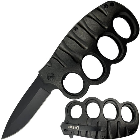 Black 3.5" ElitEdge Knuckle Duster Stainless Steel Trench Knife w/ Pocket Clip shown in both open and folded state