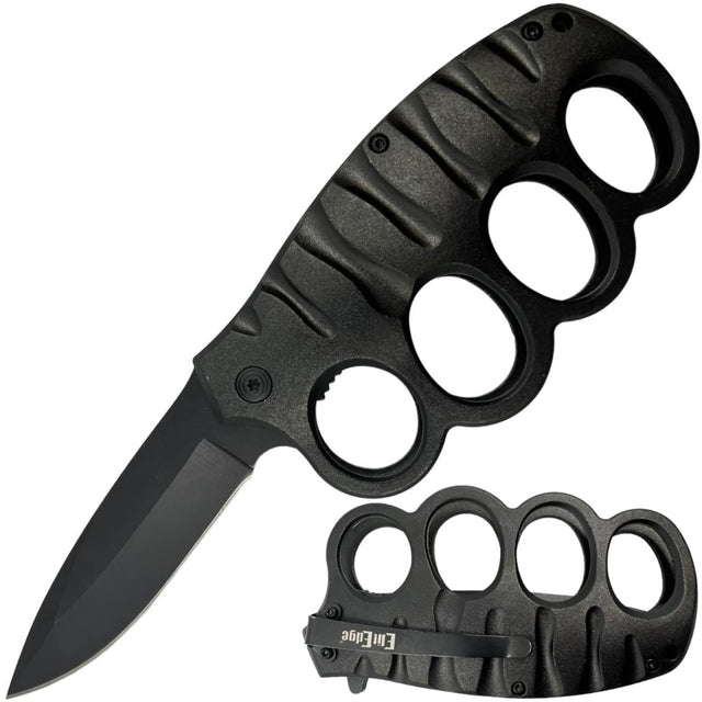 Black 3.5" ElitEdge Knuckle Duster Stainless Steel Trench Knife w/ Pocket Clip shown in both open and folded state