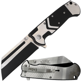 Black and Silver 3.75" ElitEdge Spring Assisted Stainless Steel Cleaver Blade Pocket Knife shown in both closed and open state