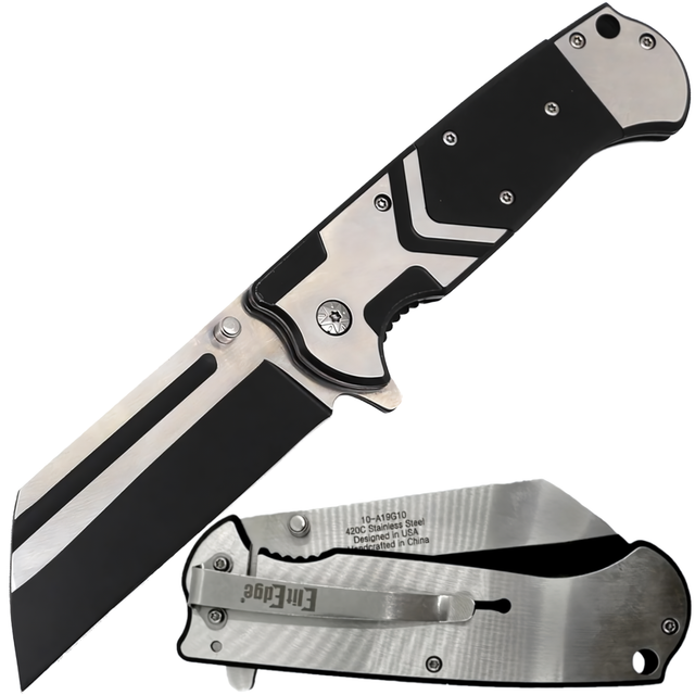 Black and Silver 3.75" ElitEdge Spring Assisted Stainless Steel Cleaver Blade Pocket Knife shown in both closed and open state