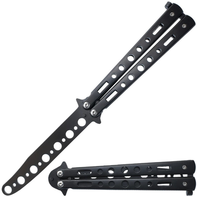 3.75" Black Butterfly Trainer Fake Folding Pocket Knife showin in open and folded state