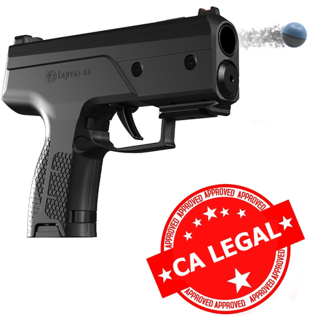 A black Byrna® CL Kinetic Non-Lethal CA Legal Projectile Gun firing a pepper projectile with CA Legal stamp