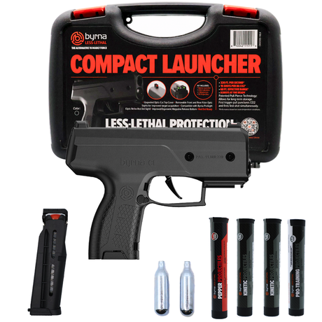 Black Byrna CL Pepper Non-Lethal Self-Defense Projectile Gun Bundle containing CL Compact Launcher, Magazines, 8-Gram CO2 Cylinders, Tube of Projectiles and carrying case