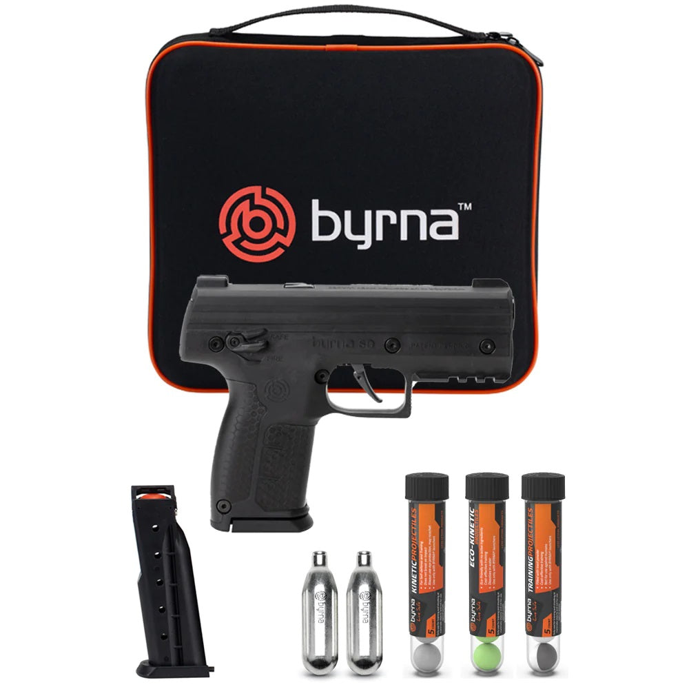 Bundle of Byrna SD Kinetic Non-Lethal CA Legal Projectile Gun including 5-round magazines, 8g CO2 cylinders, 5-round tube of Byrna Kinetic Projectiles, Eco-Kinetic Projectiles, Pro Traning Inert Projectiles, Carrying Case